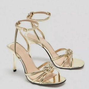 ZARA Gold Ankle strap Knotted Front Open Toe heels Size 38